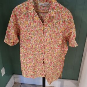 Floral Short-Sleeve 100% Cotton Shirt - Pink & Yellow, Liz Claiborne, 18W